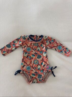 RuffleButts Coral/Navy  Floral Infant Bathing Suit